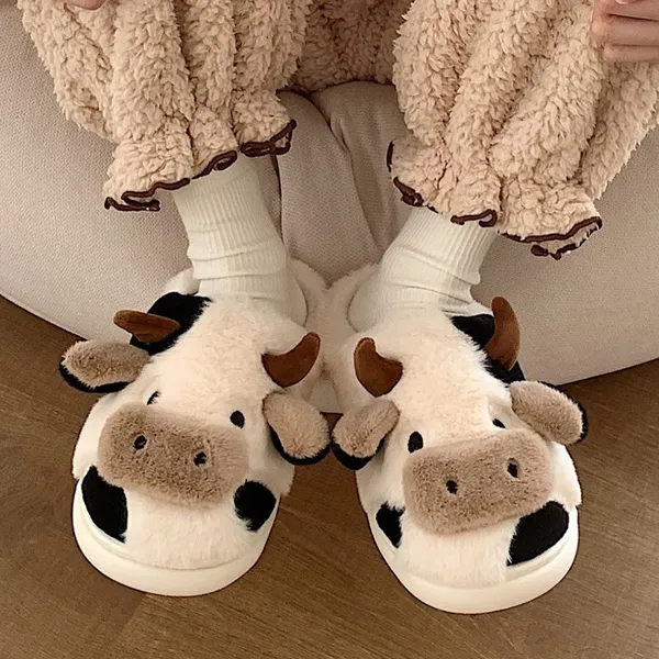 Cozy Cute Cow Slipper House Novelty House Plush Shoes for Adult Women Men Boys Girls Kids Student Dormitory Slipper YOU