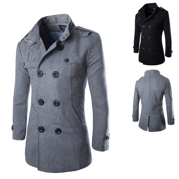 Winter Men Wool Pea Coats Black Mens Overcoat Short Trench Coats Male Double Breasted Wool & Blends Coats Brand Clothing