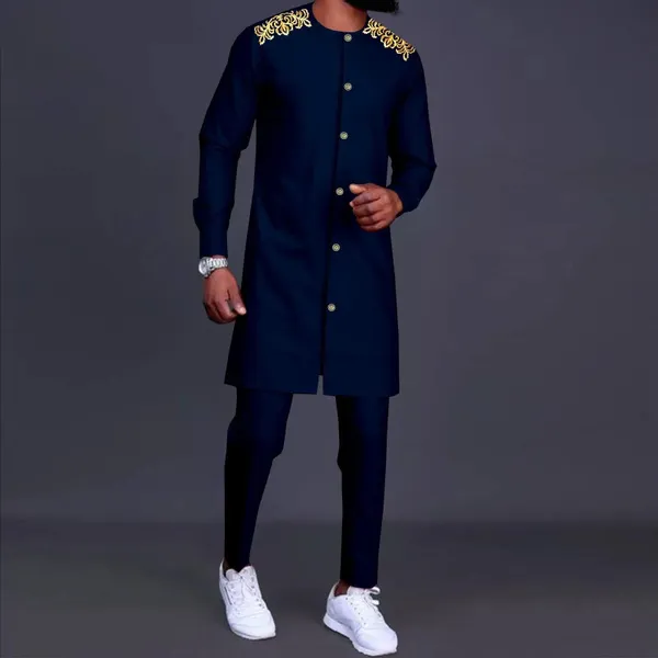 African Men Clothing Traditional Set Embroidery Single Breasted Jacket and Pants 2 Pieces Set Blazer Dashiki Outfits