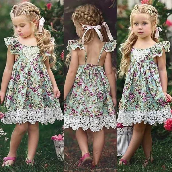 Summer Kids Girl Sleeveless Ruffle Lace Sleeve Floral Dress for 1-6 Years