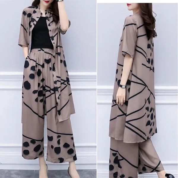 2pcs Chiffon Women Casual Set Wear Loose Suit Wide Leg Pants + Long Blouse Set