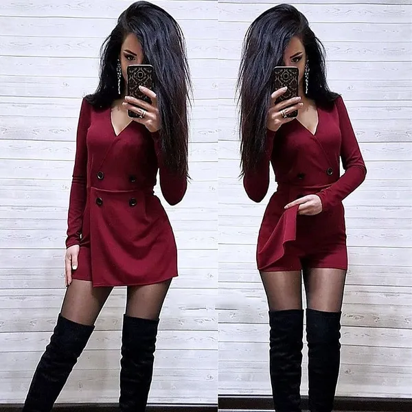 S-3XL New Women Elegant Jumpsuits V-neck Long Sleeve High Waist Short Pants Rompers Business Suits