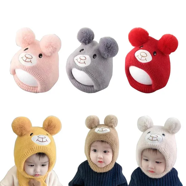 Cartoon Bear Knitted Hat Ear Protections Beanie Winter Bonnet 0-24 Months Infant Knit for Outdoor Activity ZOU