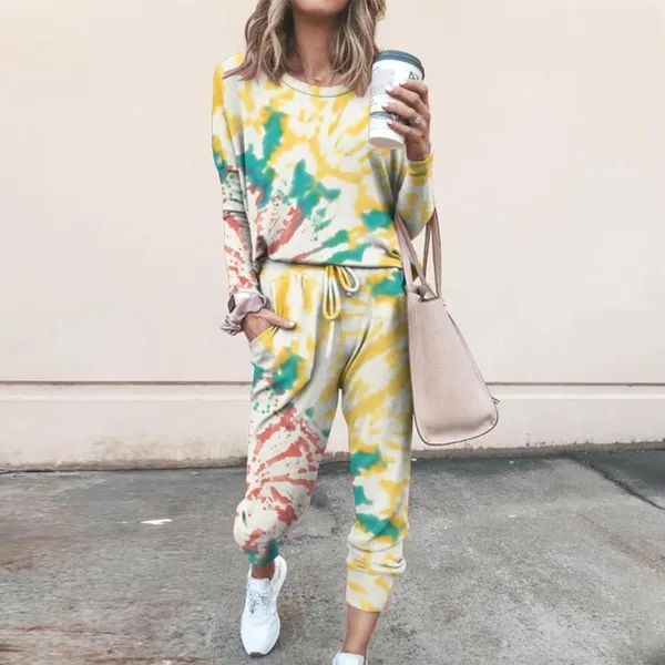 New Fashion Women Tie-dye Printed Two Piece Outfits Round Collar Long Sleeve Sweatshirts and Elastic High Waist Sweatpants