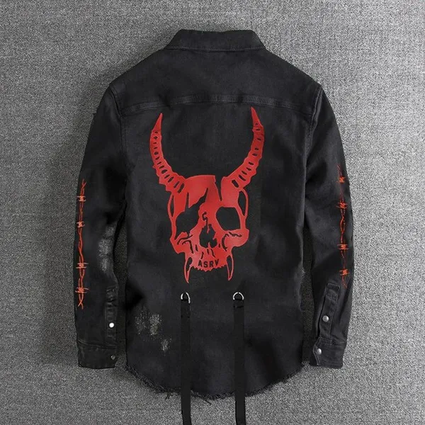 Harajuku Gothic Demon Hunter Skull Black Denim Jacket Men Rock Punk Heavy Metal Sweatshirt Sudadera Suspenders Hole Streetwear