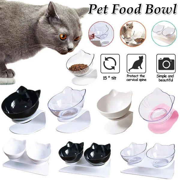 Non-Slip Cat Bowl Single & Double Bowl with Raised Stand Pet Food Bowls for Protection Cervical Feeding Products Accessories