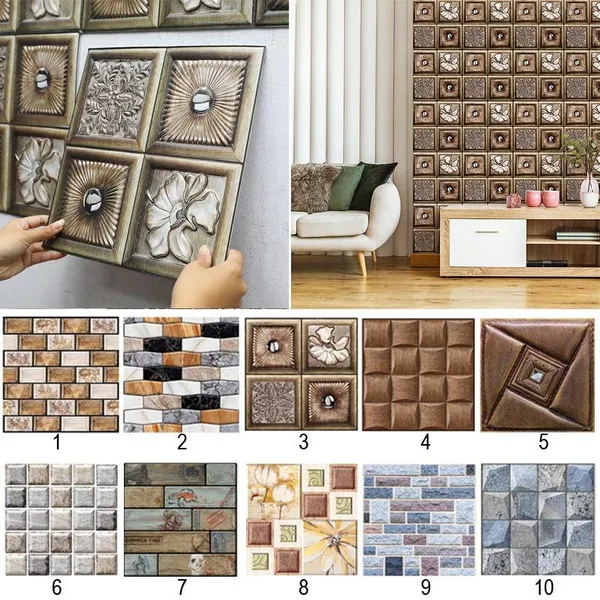Home Deocr 3D Self-Adhesive Wallpaper DIY Brick Stone Pattern Home Decoration Kitchen Living Room Waterproof Tile Wall Stickers