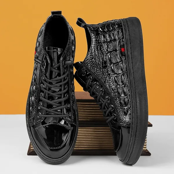 Men's Fashion Casual Shoes Crocodile Pattern Shiny Waterproof Leather Shoes Outdoor Trekking Shoes Plus Size 39-44