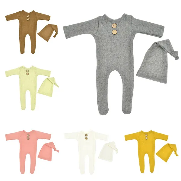 2 Pcs Baby Romper Hat Set Newborn Photography Props Knitted Wool Bodysuit Long Tail Cap Kit Infants Costume ZOU