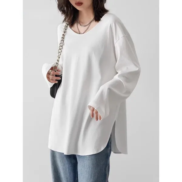 Women T-Shirts Loose Casual U-Neck Long Sleeve Female Tees Split Bottom Woman Top Ladies Clothing Autumn Spring 2024