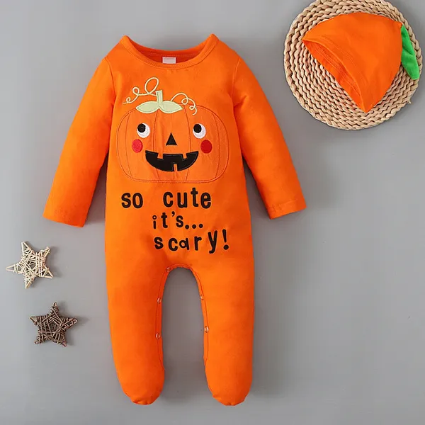 Halloween Pumpkin Baby Boys Girls Long Sleeves Romper Jumpsuit with Beanie Clothes for 0-12 Months