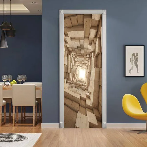 Creative 3D door stickers, renovation, self adhesive paper decoration, bedroom, living room, wall stickers, door stickers, splicing, wooden blocks, cross-border supply