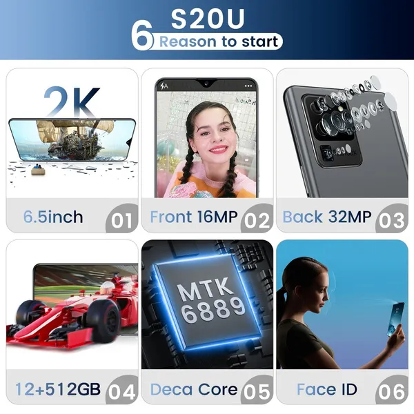 2020 NEW Smartphone with 12GB+512 GB Large Memory 6.5inch Full Screen Support Face Unlock 5G Three Card Mobile Phone