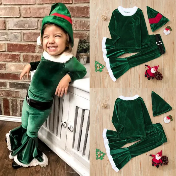 Christmas Baby Kids Girls Green Velvet Plush Shirt + Belt Pants + Hat Santa Claus Costume New Year Clothes for 1-7 Years