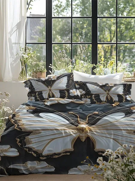 Three-piece fluffy printed double bed set, soft, comfortable and breathable bedding set, suitable for all seasons (without sheets, without fillers)