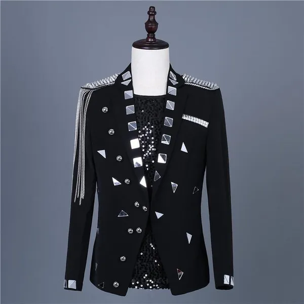 Mens Tassel Studded Epaulette Suit Jacket Notch Lapel Blazer Tuxedo Coat Top Rock Punk
