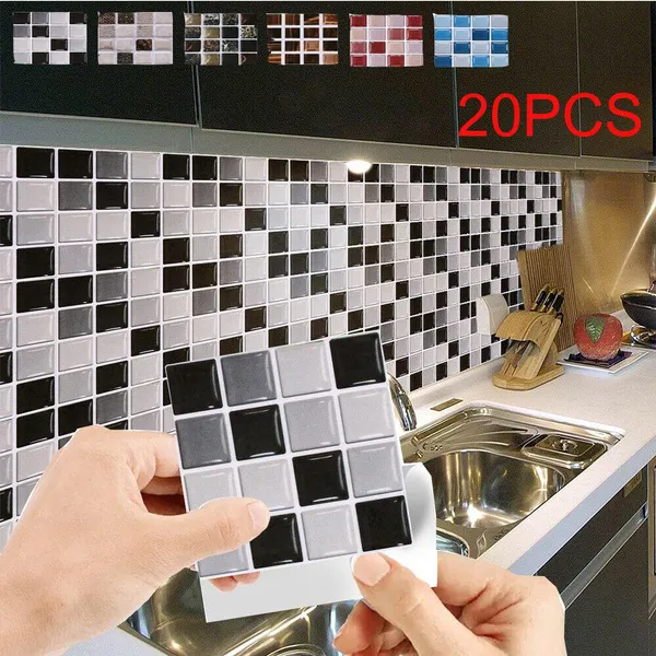 10/20PCS Kitchen Tile Stickers Bathroom Mosaic Sticker Self-adhesive Wall Home Decor