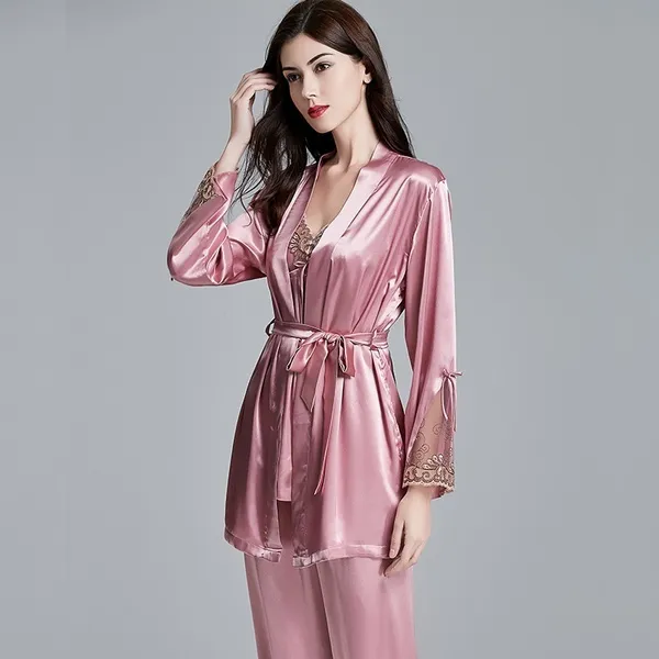 3PCS New Women's Fashion Pajamas Sets Silk Lace Lingerie Bathrobes Suits Homewear Sleepwear Plus Size 5XL