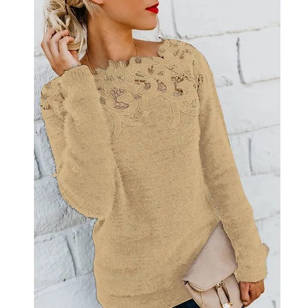 Womens pullover damen knitted sweater Ladies Long Sleeve Lace Floral Print Long Sleeve Round Neck Sweater jumpers for women Plus Size S~5XL