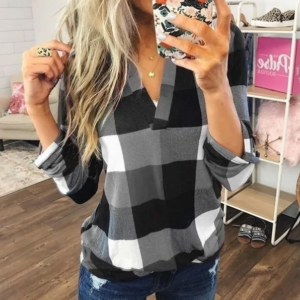 Plus Size XS-8XL Autumn and Winter Cotton Clothes Women's Fashion Casual Long Sleeve Tops Ladies Pullover T-shirts Femme Lattice V-neck Blouse Loose Printed Plaid Shirts