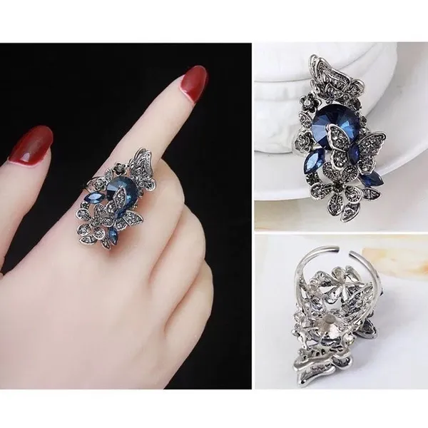 2 PCS/ SET Vintage Butterfly Finger Ring For Women Wedding Ring Adjustable Ring Crystal Ring