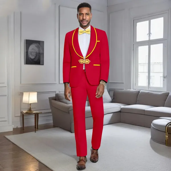 African Men Clothing 2 Pieces Blazer Suit Single Button Lined Jacket + Slim Pants +Bow Tie Men's Business Suit