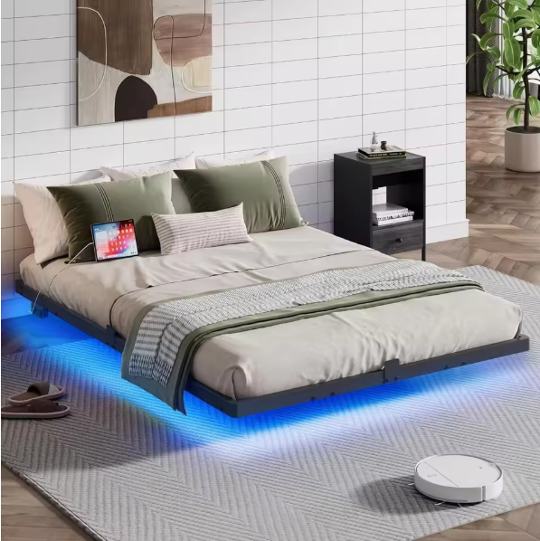 Queen Size LED-Illuminated Metal Bed Frame with Charging Station and Heavy Duty Steel Slats