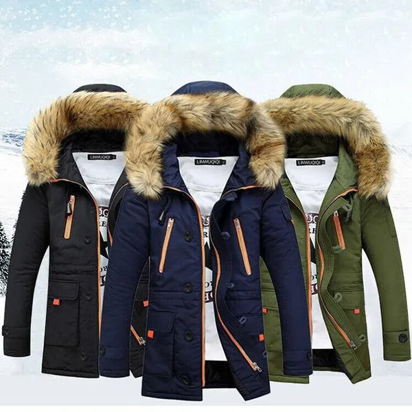 Mens Parka Padded Jackets Coats Winter Fur Collar Hooded Warm Outwear Jackets