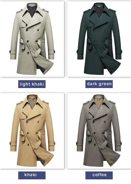 Men's Fashion Spring and Autumn Double-breasted Coat with Belt Mid-length Top Quality Trench Coat Large Size Windbreaker Jacket 7 Colors Available