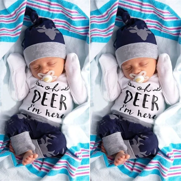 Newborn Infant Baby Boy Romper Bodysuit Pants Hat Deer Print Outfits 3PCS Clothes Set 0-18M