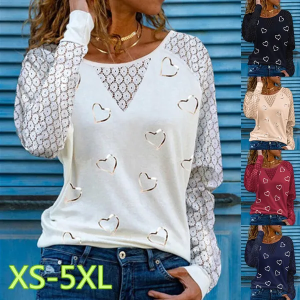 2022 Spring and Early Autumn New Fashion Women's Love Printed Lace Long Sleeve Casual Top Loose Plus Size Soft and Comfortable Round Neck Bottoming Shirt XS-5XL