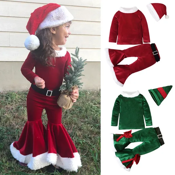 Children's Spring, Autumn and Winter Christmas Long-sleeved Shirt + Bell Bottoms + Hat Three-piece Children's Clothing