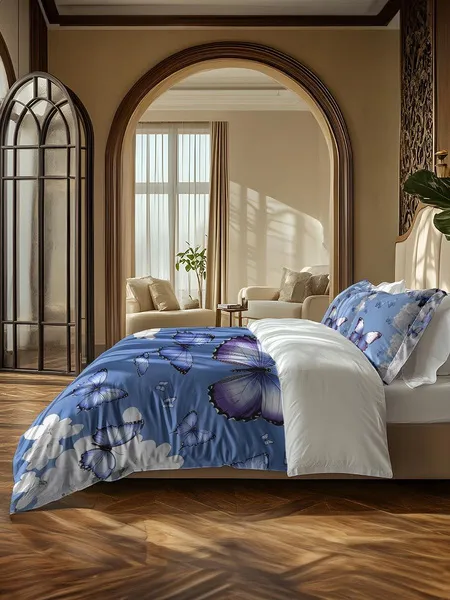 Three-piece fluffy printed double bed set, soft, comfortable and breathable bedding set, suitable for all seasons (without sheets, without fillers)