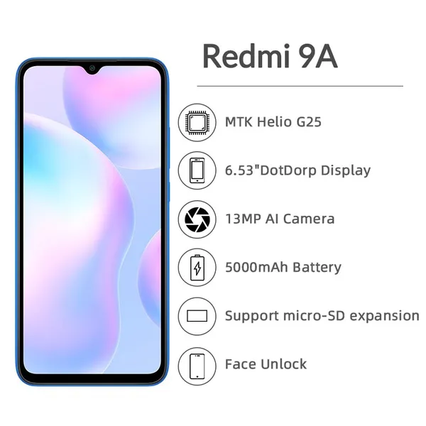 Xiaomi Redmi 9A Global Version Mobile Phone 2GB 32GB / 4GB 64GBMTK Helio G25 Octa Core 6.53" 5000mAh 13MP Camera Smartphone