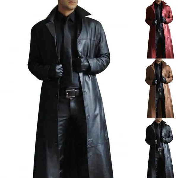 Men Winter Fashion Long Trench Coat Plus Size Turn Neck Solid Long Leather Coat Casual Cool Men Warm Jackets