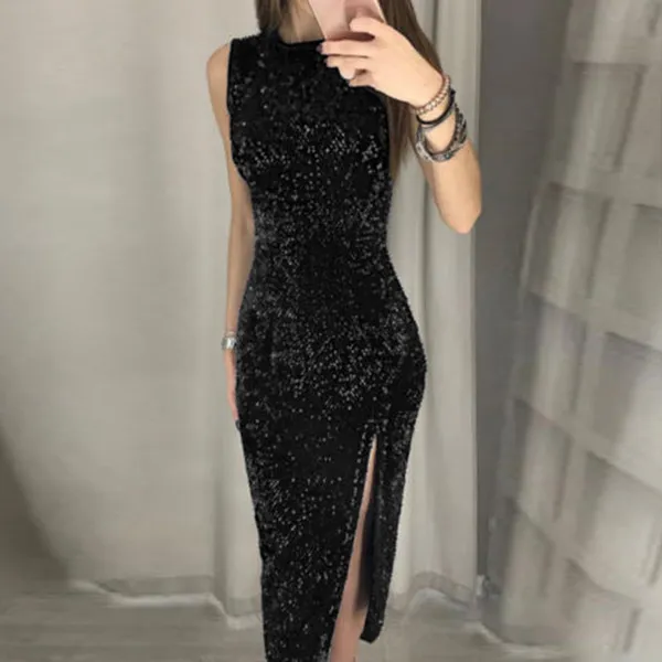 Women Sexy Glitter Sleeveless Asymmetric Split Hem Bodycon Dress Sequin Sparkly Clubwear Party Dress Midi Dress
