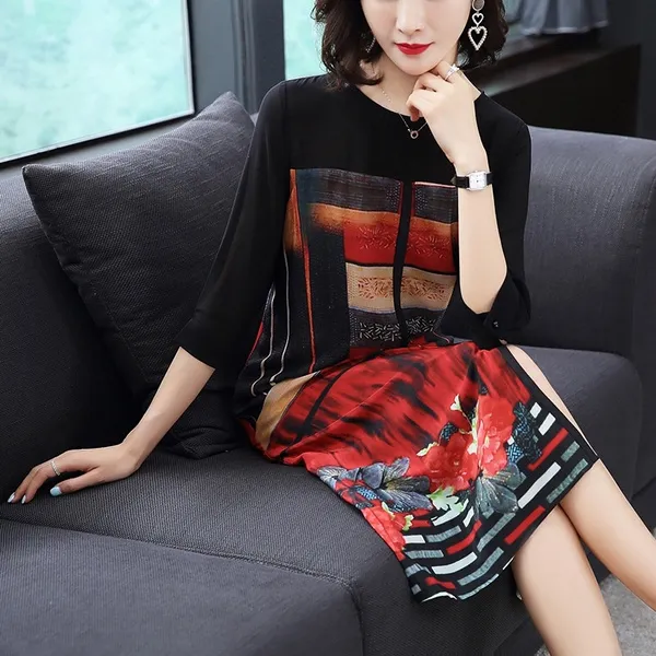 New Summer new round collar printed mulberry silk a - word loose slim hide meat silk dress