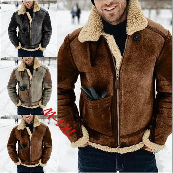 Faux Leather Plush Men's Jacket Winter Insulation Jacket with Thickened Lapel and Contrasting Colors