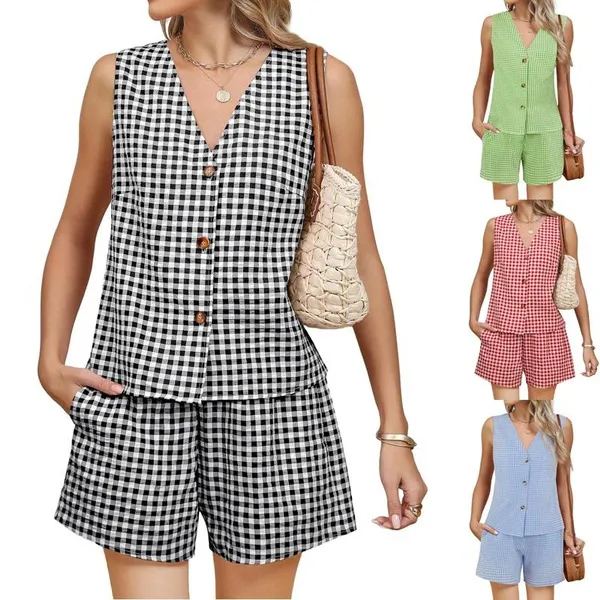 Women's V-neck Sleeveless Vest Shorts Set Summer Fashion Casual Grid Vest Short Set Female Clothes