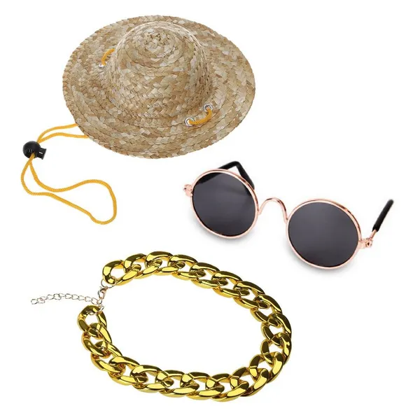 4 Pcs Classic Funny Pet Accessories Fashion Summer Sunglasses Collar Chain Straw Hat Tie Set Pet Dog for Cat Cool Costum