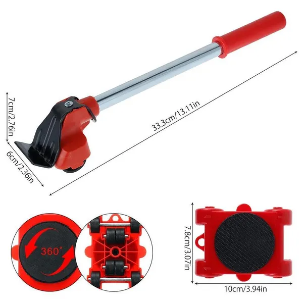 5Pcs/Set Furniture Mover Labor-Saving Moving Tools Heavy Duty Furniture Remover Lifter Sliders Kit for Furniture Lifting Moving 4 Move Roller + 1 Wheel Bar Hand Transport Tool