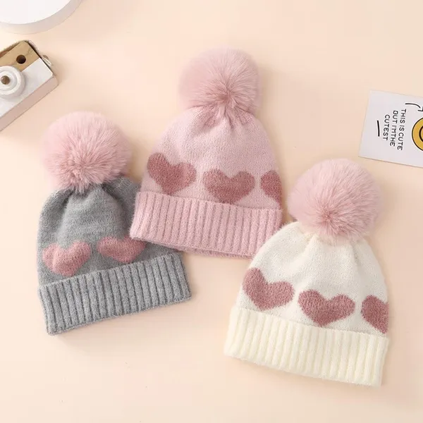 Soft Baby Bonnet Cap Newborn Baby Infant Crochet Knitted Hairball Hat Winter Warm Hat for Baby Embroidered Heart Hat ZOU