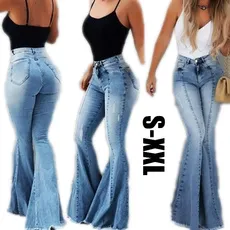 Women Fashion Casual High Waist Elastic Flare Jeans Woman Retro Bell Bottom Skinny Jeans Female Blue Wide Leg Denim Pants Ladies Stretchy Trousers