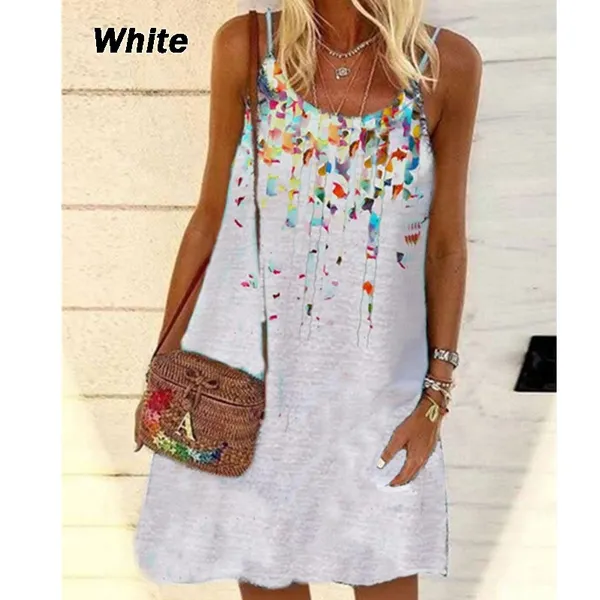 New Summer Fashion Floral Printed Dress For Women Sleeveless Casual Sling Dresses Knee Length Plus Size Spaghetti Strap Dress