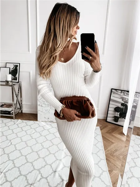 Women Fashion V-Neck Long Sleeved Sweater Dress Winter Autumn Pullover Vestidos Long Sleeved Dresses